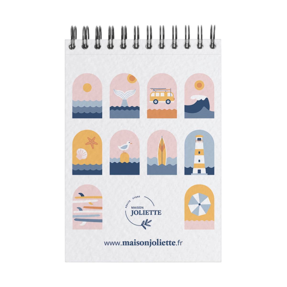 carnet à spirale avec illustrations marines et logo Maison Joliette sur fond blanc
